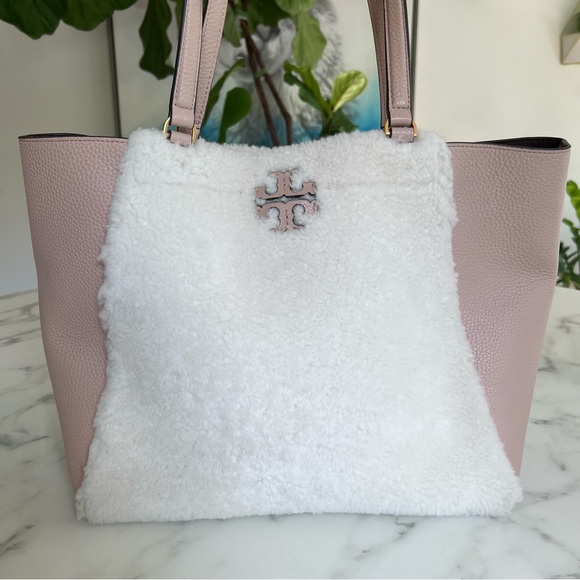 Tory Burch McGraw Shearling Fleece Fur & Leather Tote Bag Sand Beige Pink Ivory - Picture 2 of 16